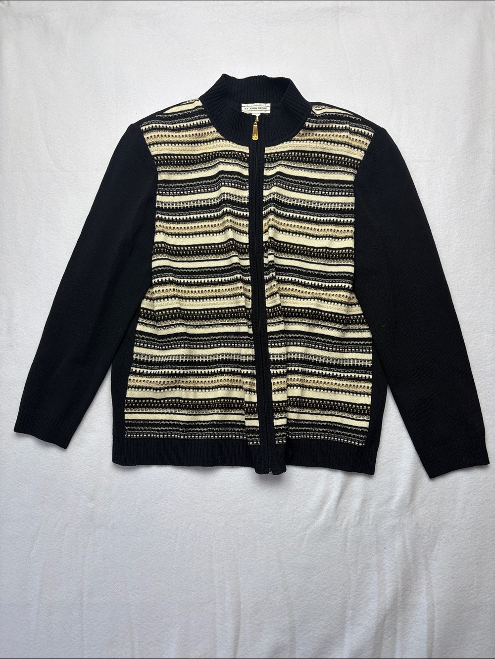 St John Sport large wool Black Cream Striped Zip-Front Women's Cardigan Sweater
